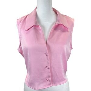 Zara Womens Pink Sleeveless Cropped Silky Minimalist Blouse Collared Top Small